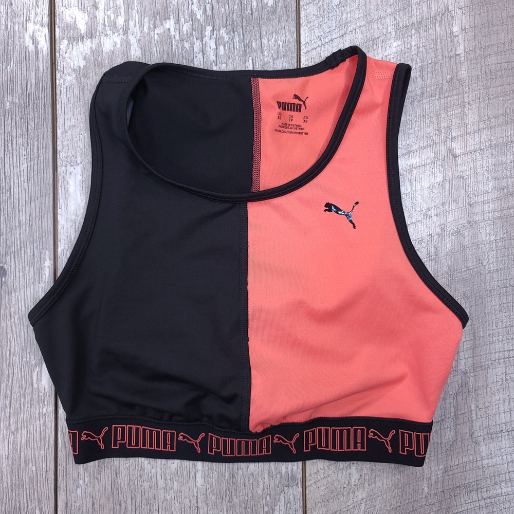 Puma Sports Bra Womens XS Black Coral Colorblock Cutout Logo Elastic Band